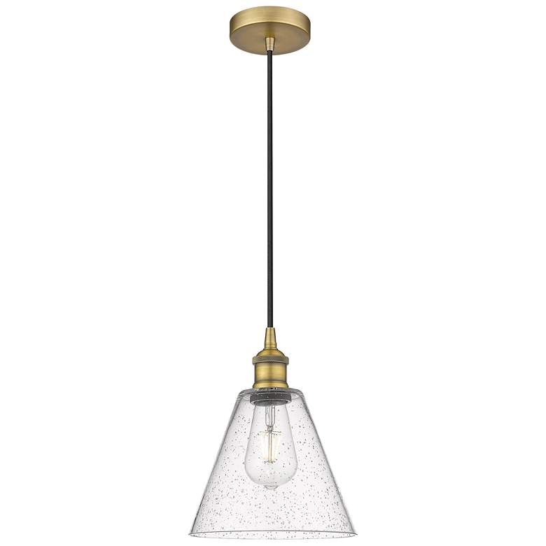 Image 1 Edison Glass Cone 8" Brushed Brass Cord Hung Mini Pendant w/ Seedy Sha