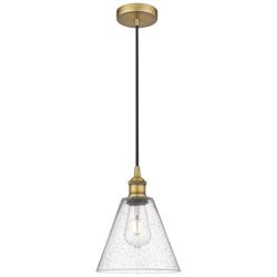 Edison Glass Cone 8" Brushed Brass Cord Hung Mini Pendant w/ Seedy Sha