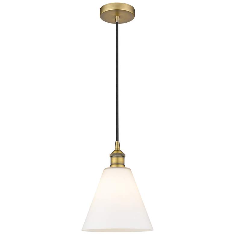 Image 1 Edison Glass Cone 8" Brushed Brass Cord Hung Mini Pendant w/ White Sha