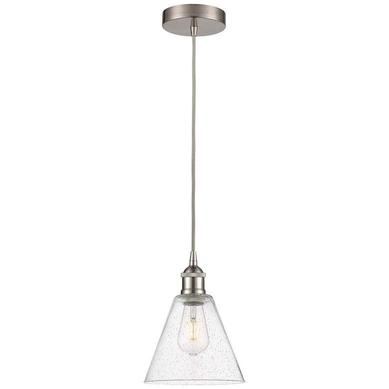 Image 1 Edison Glass Cone 8" Brushed Nickel Corded Mini Pendant w/ Seedy Shade