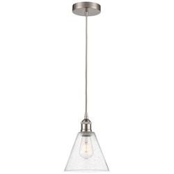Edison Glass Cone 8" Brushed Nickel Corded Mini Pendant w/ Seedy Shade