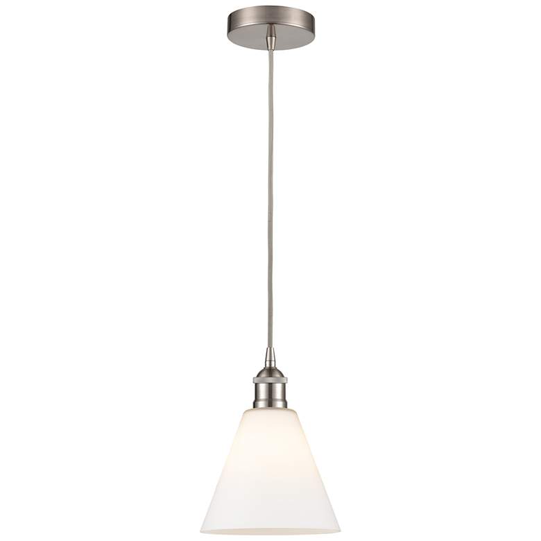 Image 1 Edison Glass Cone 8" Brushed Nickel Corded Mini Pendant w/ White Shade