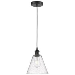 Edison Glass Cone 8" Matte Black Cord Hung Mini Pendant w/ Seedy Shade