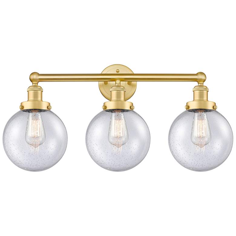 Image 1 Edison Large Beacon 24.5"W 3 Light Satin Gold Bath Light With Seedy Sh