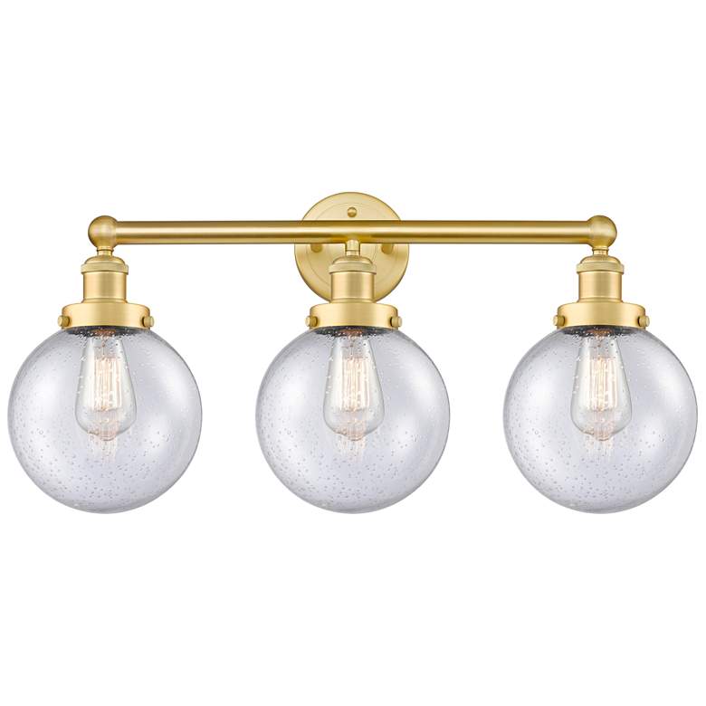 Image 1 Edison Large Beacon 24.5 inchW 3 Light Satin Gold Bath Light With Seedy Sh