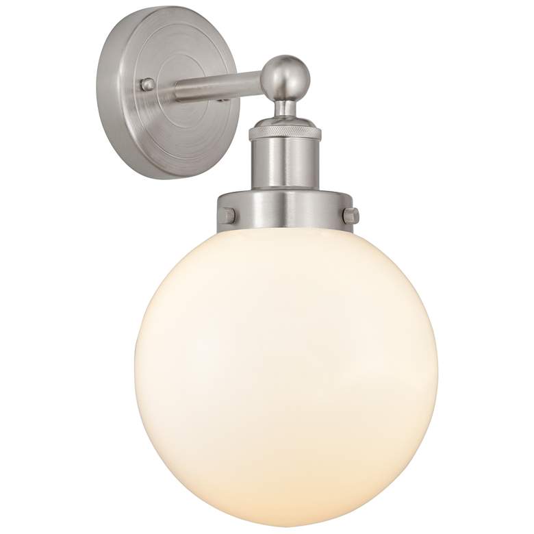 Image 1 Edison Large Beacon 7" Brushed Satin Nickel Sconce w/ Matte White Shad