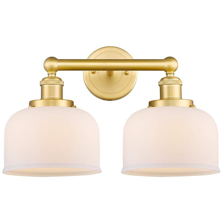 Image 1 Edison Large Bell 15.5"W 2 Light Satin Gold Bath Light With White Shad