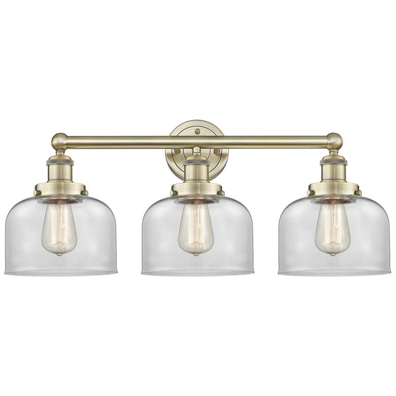Image 1 Edison Large Bell 24.5"W 3 Light Antique Brass Bath Light With Clear S