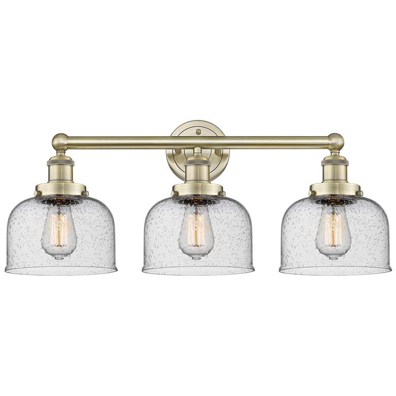 Image 1 Edison Large Bell 24.5"W 3 Light Antique Brass Bath Light With Seedy S