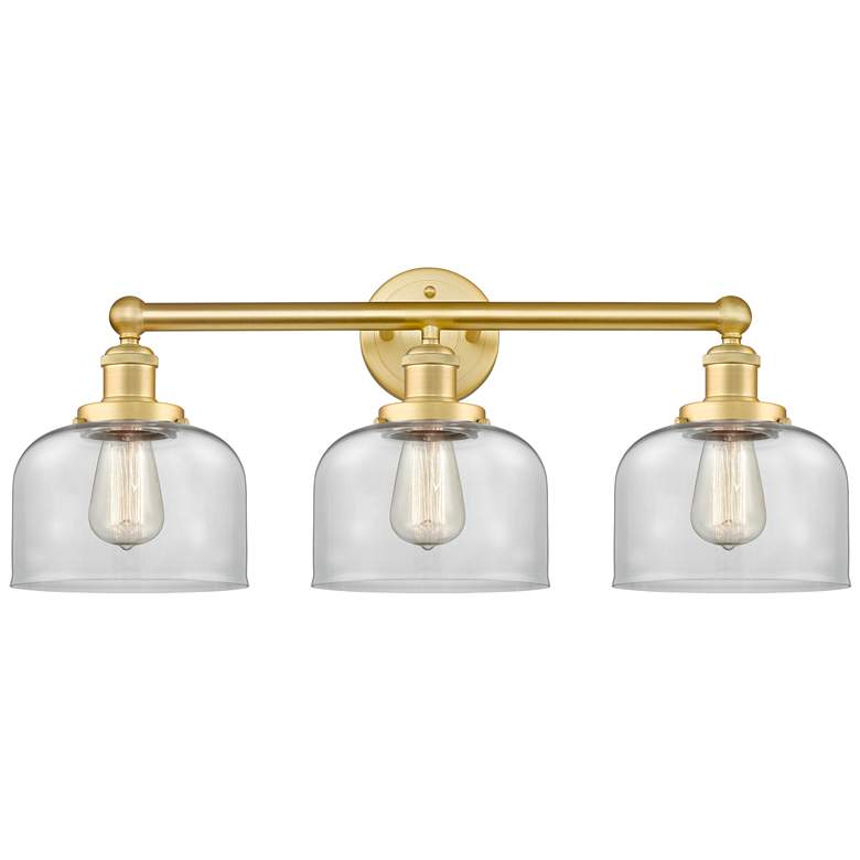 Image 1 Edison Large Bell 24.5 inchW 3 Light Satin Gold Bath Light With Clear Shad