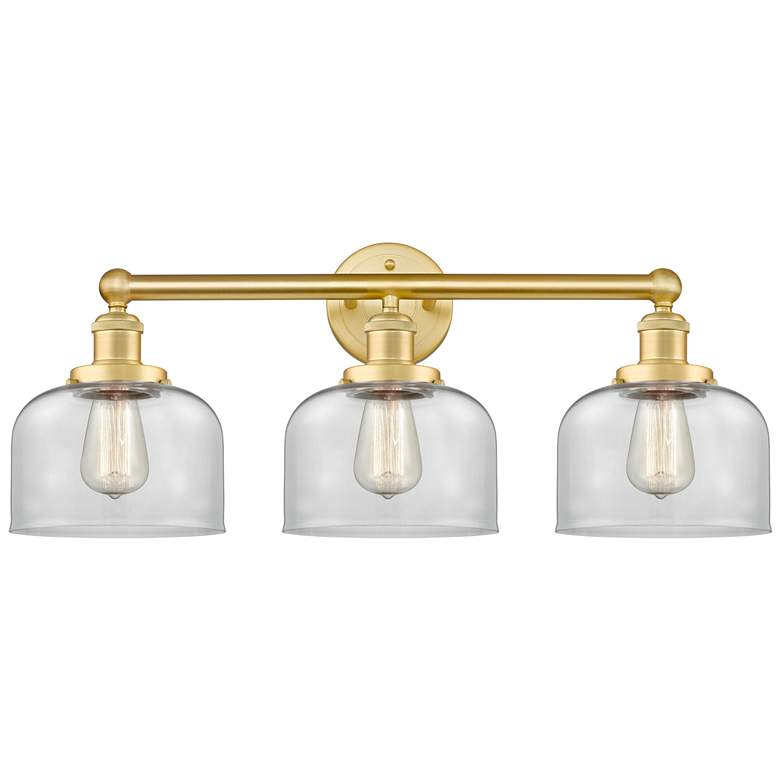 Image 1 Edison Large Bell 24.5"W 3 Light Satin Gold Bath Light With Clear Shad