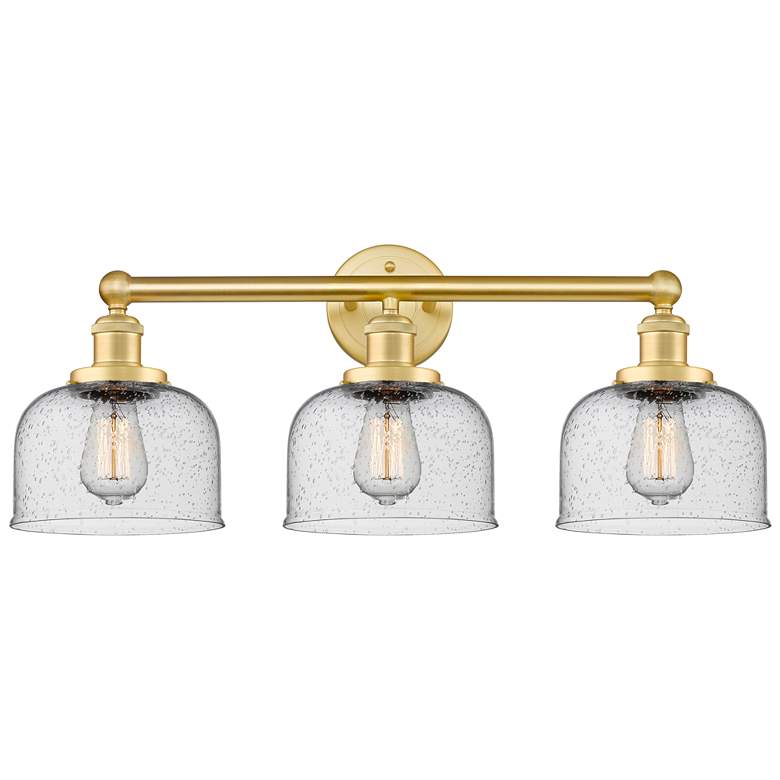 Image 1 Edison Large Bell 24.5"W 3 Light Satin Gold Bath Light With Seedy Shad