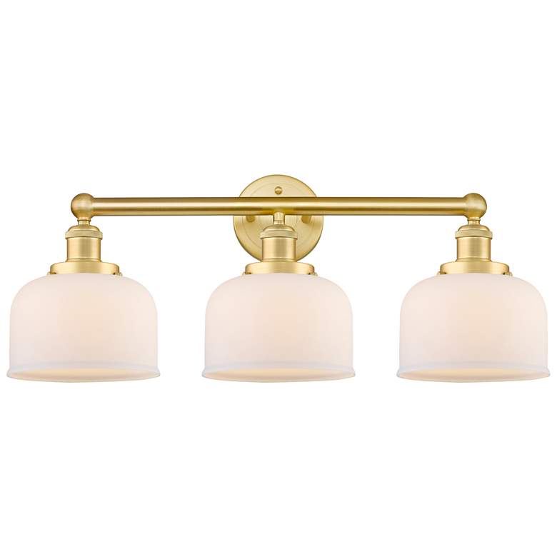 Image 1 Edison Large Bell 24.5"W 3 Light Satin Gold Bath Light With White Shad