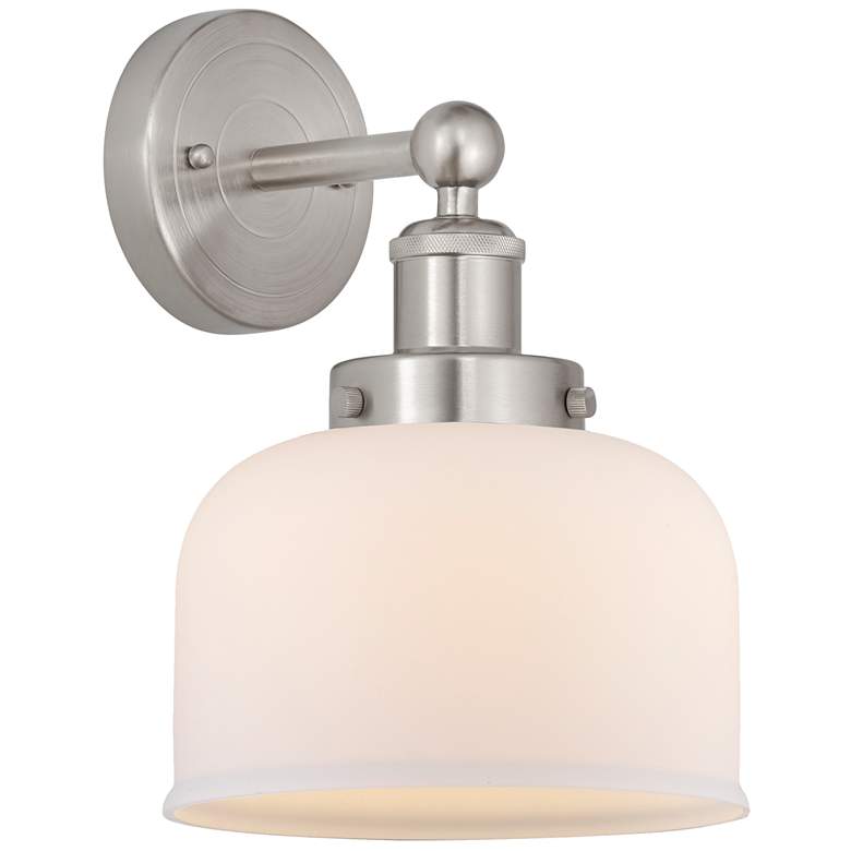 Image 1 Edison Large Bell 7" Brushed Satin Nickel Sconce w/ Matte White Shade