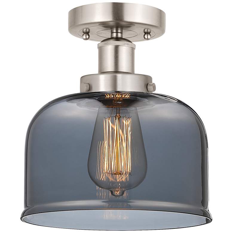 Image 1 Edison Large Bell 7" Brushed Satin Nickel Semi Flush Mount w/ Smoke Sh