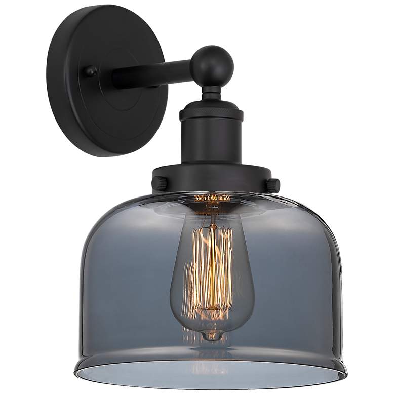 Image 1 Edison Large Bell 7" Matte Black Sconce w/ Plated Smoke Shade
