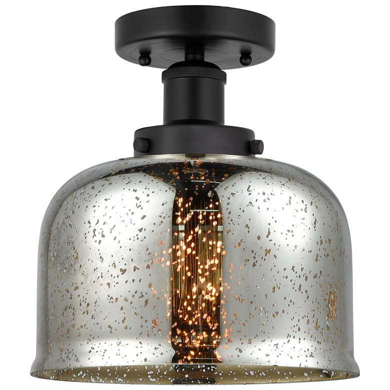 Image 1 Edison Large Bell 7" Matte Black Semi Flush Mount w/ Mercury Shade