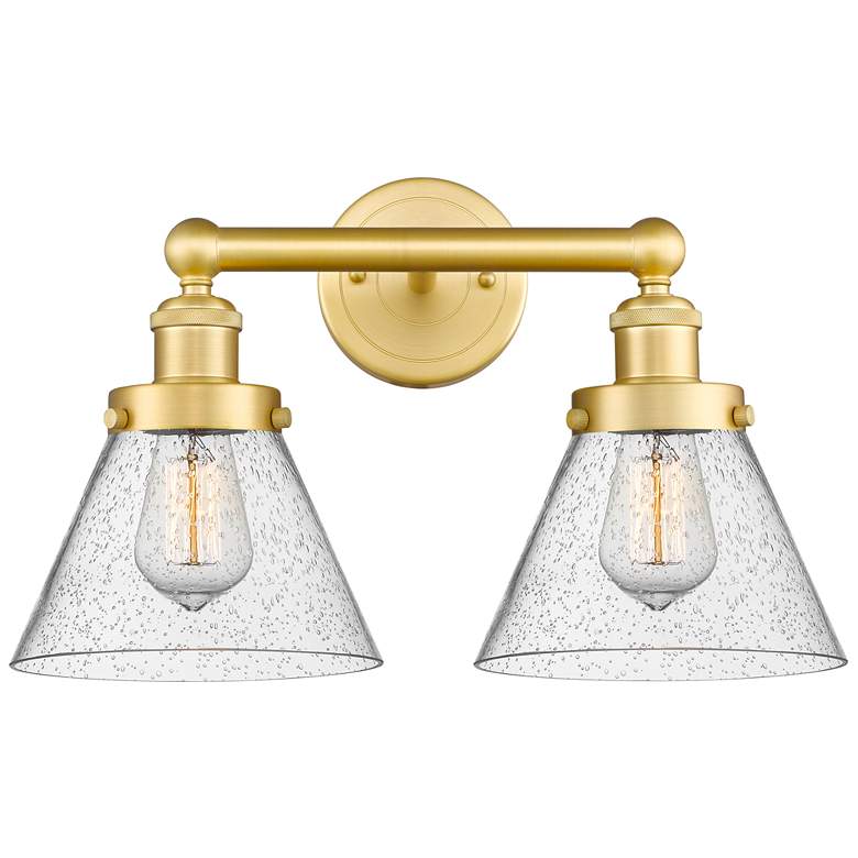 Image 1 Edison Large Cone 15.5 inchW 2 Light Satin Gold Bath Light With Seedy Shad