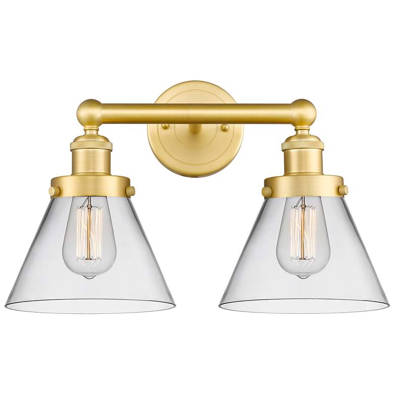 Image 1 Edison Large Cone 16.75 inchW 2 Light Satin Gold Bath Light With Clear Sha