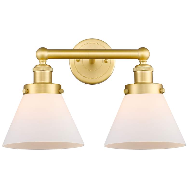 Image 1 Edison Large Cone 16.75 inchW 2 Light Satin Gold Bath Light With White Sha