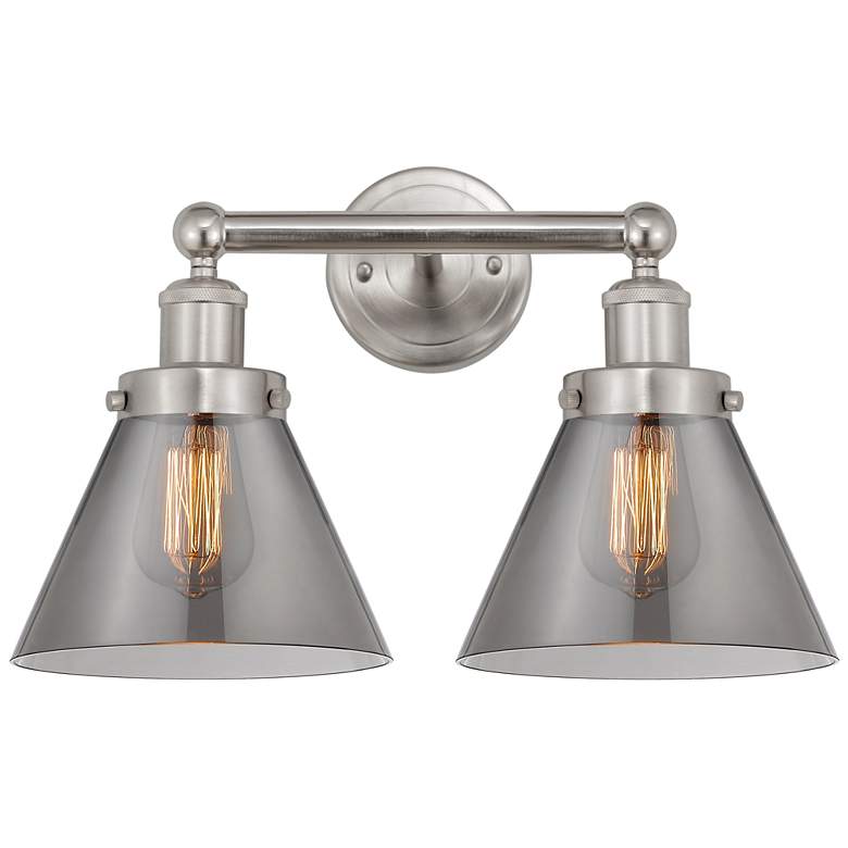 Image 1 Edison Large Cone 16" 2-Light Brushed Nickel Bath Light w/ Smoke Shade