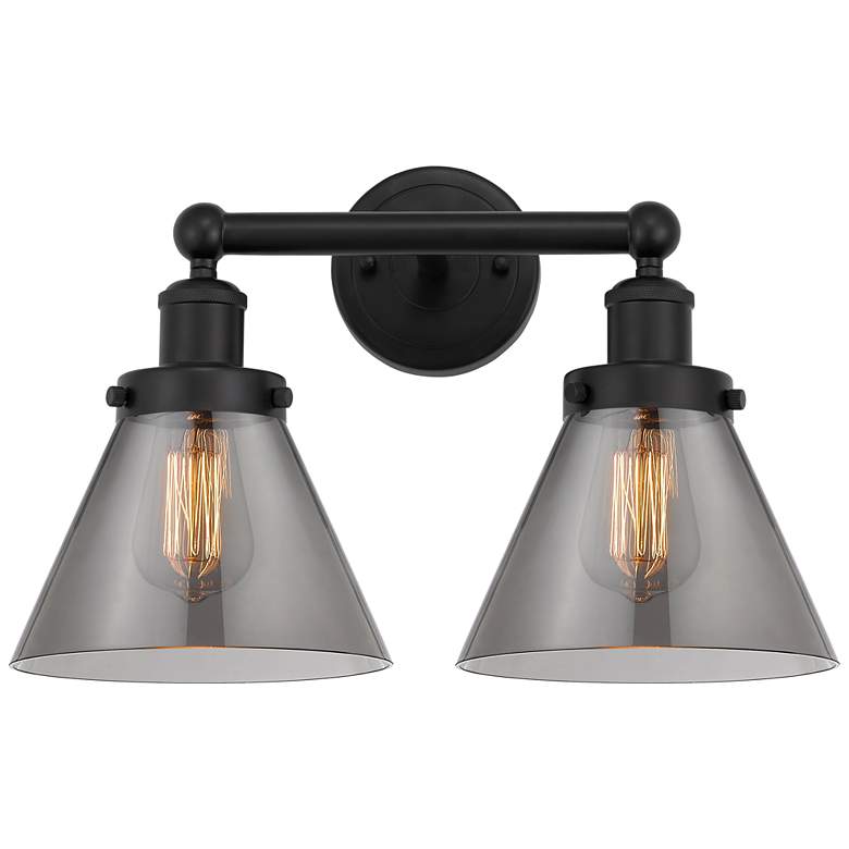 Image 1 Edison Large Cone 16" 2-Light Matte Black Bath Light w/ Plated Smoke S