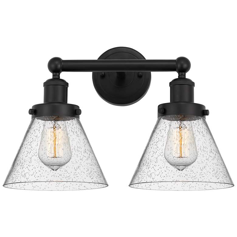 Image 1 Edison Large Cone 16" 2-Light Matte Black Bath Light w/ Seedy Shade