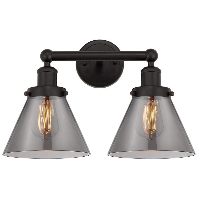 Image 1 Edison Large Cone 16" 2-Light Oil Rubbed Bronze Bath Light w/ Smoke Sh