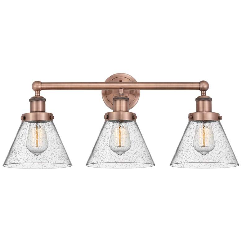 Image 1 Edison Large Cone 24.5"W 3 Light Antique Copper Bath Light With Seedy