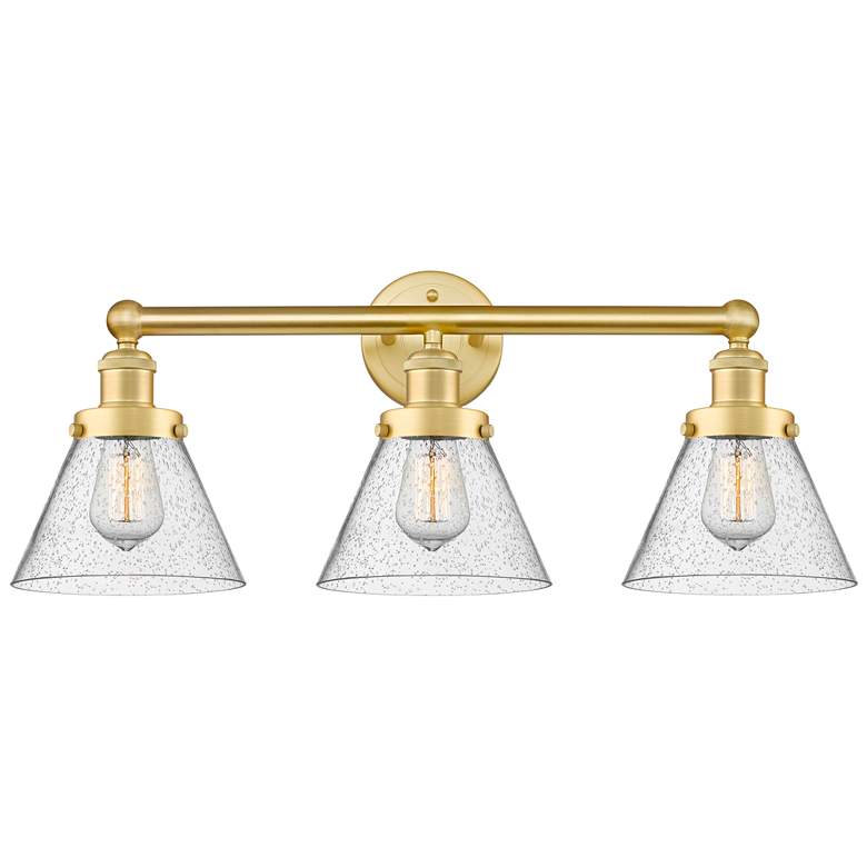 Image 1 Edison Large Cone 24.5"W 3 Light Satin Gold Bath Light With Seedy Shad