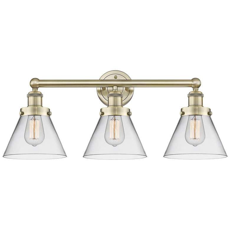 Image 1 Edison Large Cone 25.75"W 3 Light Antique Brass Bath Light With Clear