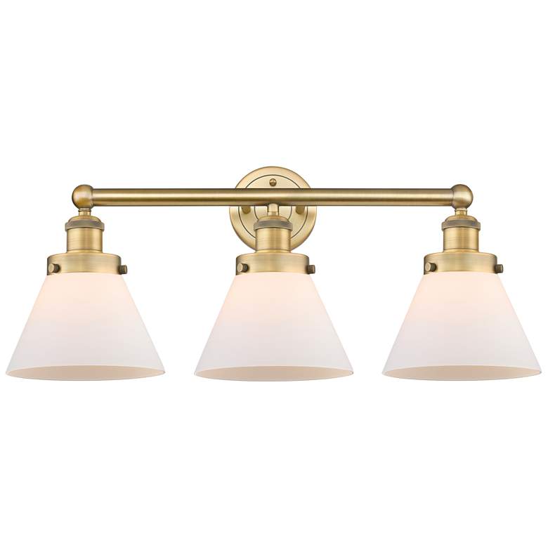 Image 1 Edison Large Cone 25.75"W 3 Light Brushed Brass Bath Light With White
