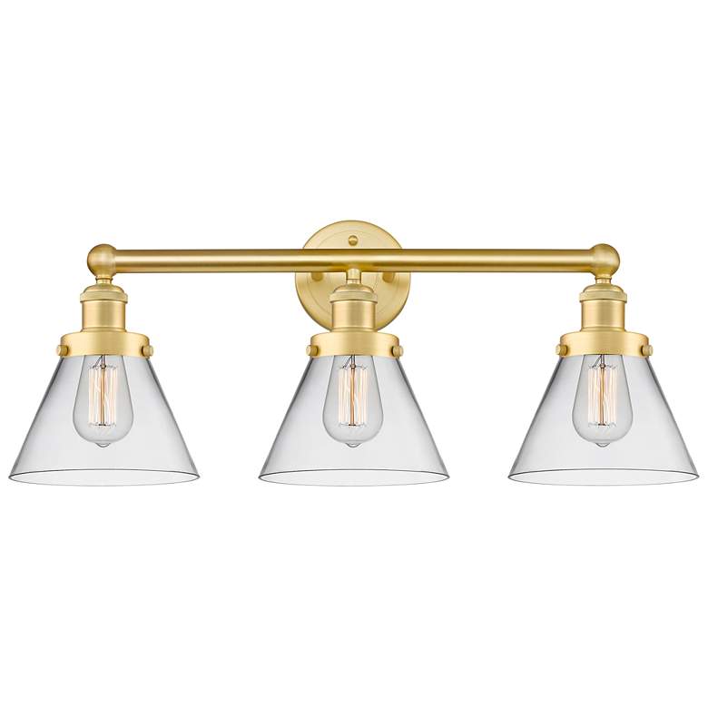Image 1 Edison Large Cone 25.75"W 3 Light Satin Gold Bath Light With Clear Sha