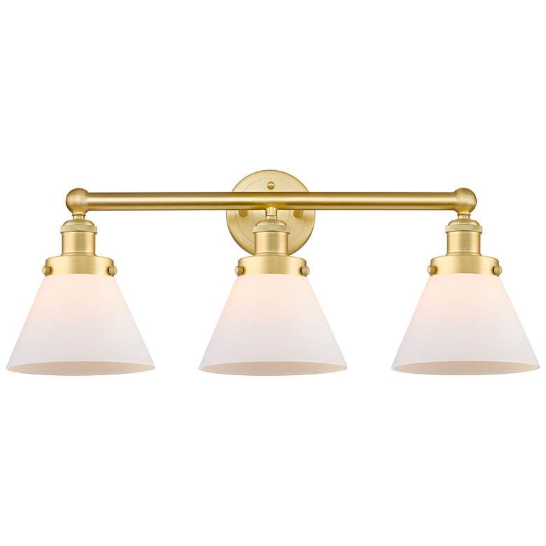 Image 1 Edison Large Cone 25.75"W 3 Light Satin Gold Bath Light With White Sha