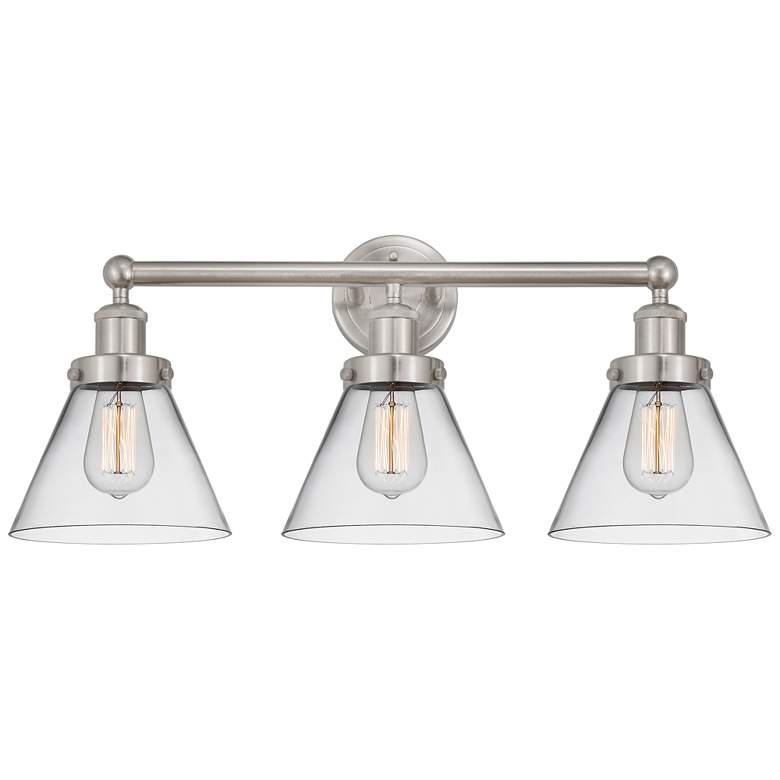Image 1 Edison Large Cone 25" 3-Light Brushed Nickel Bath Light w/ Clear Shade