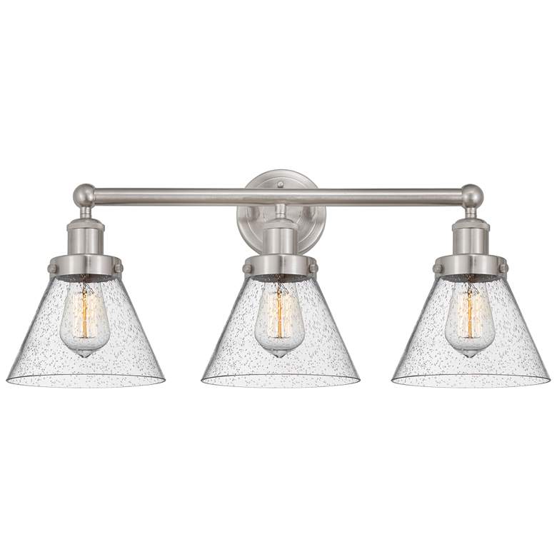 Image 1 Edison Large Cone 25" 3-Light Brushed Nickel Bath Light w/ Seedy Shade