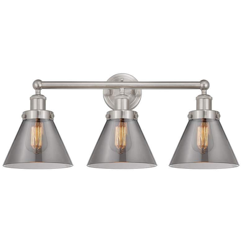 Image 1 Edison Large Cone 25" 3-Light Brushed Nickel Bath Light w/ Smoke Shade
