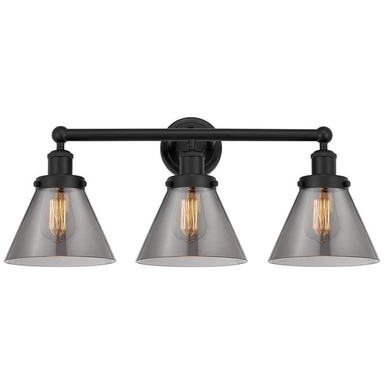 Image 1 Edison Large Cone 25" 3-Light Matte Black Bath Light w/ Plated Smoke S