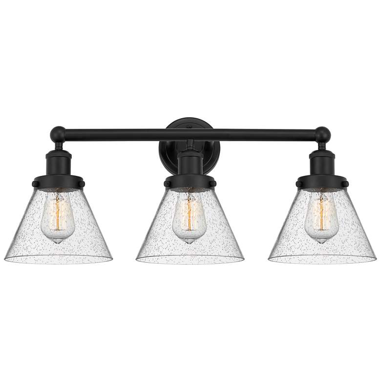 Image 1 Edison Large Cone 25" 3-Light Matte Black Bath Light w/ Seedy Shade