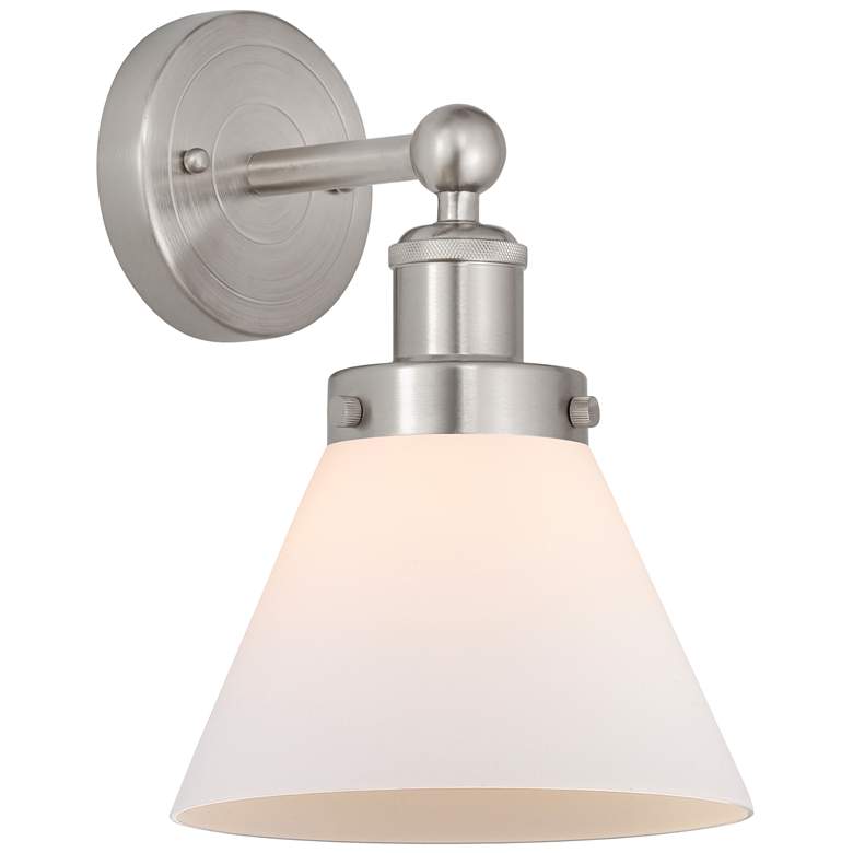 Image 1 Edison Large Cone 7" Brushed Satin Nickel Sconce w/ Matte White Shade