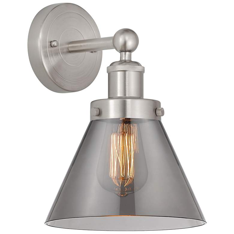 Image 1 Edison Large Cone 7" Brushed Satin Nickel Sconce w/ Plated Smoke Shade