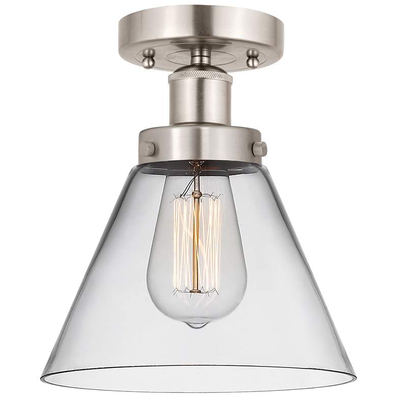 Image 1 Edison Large Cone 7" Brushed Satin Nickel Semi Flush Mount w/ Clear Sh