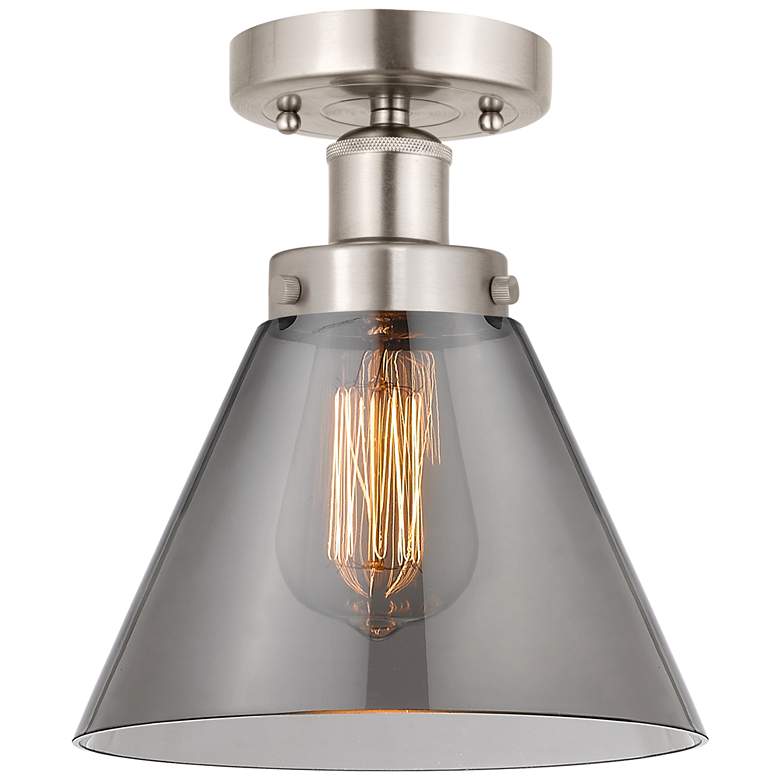 Image 1 Edison Large Cone 7" Brushed Satin Nickel Semi Flush Mount w/ Smoke Sh