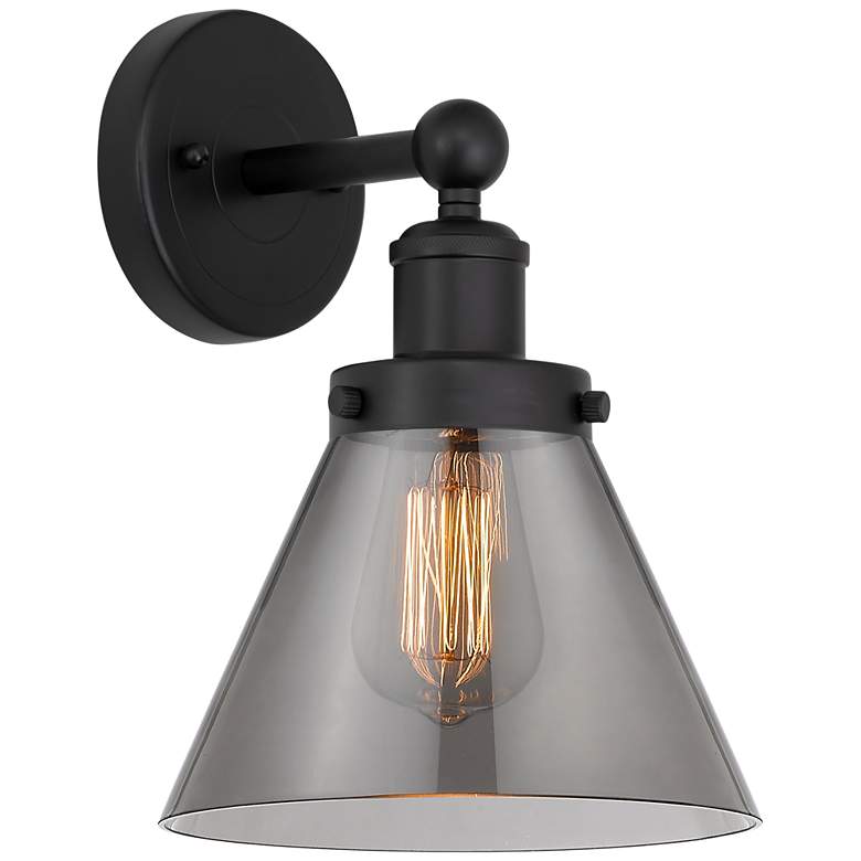 Image 1 Edison Large Cone 7" Matte Black Sconce w/ Plated Smoke Shade