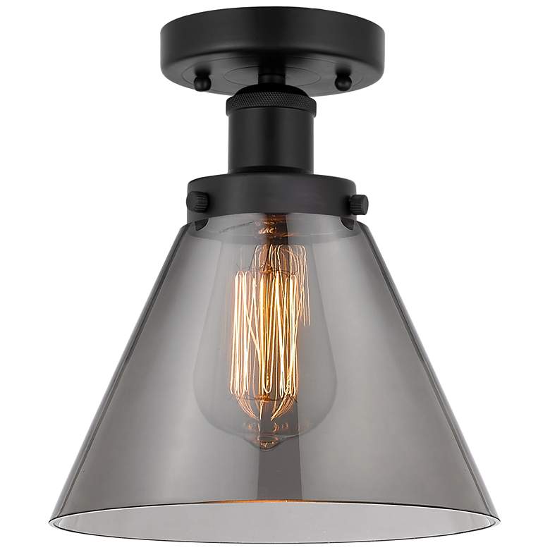 Image 1 Edison Large Cone 7" Matte Black Semi Flush Mount w/ Plated Smoke Shad