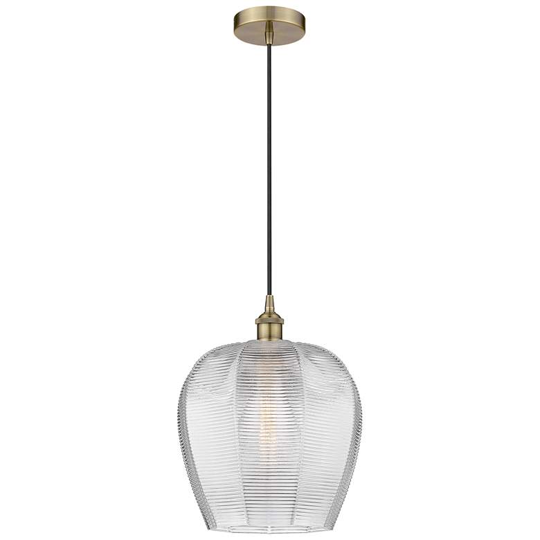 Image 1 Edison Norfolk 12" Antique Brass Cord Hung Mini Pendant w/ Clear Shade