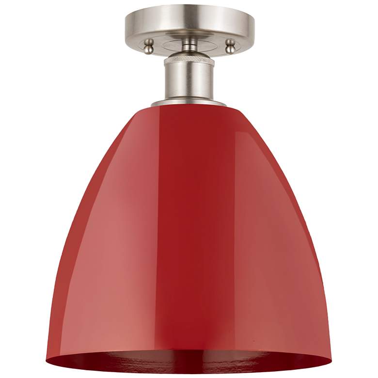 Image 1 Edison Plymouth Dome 9 inchW Brushed Satin Nickel Semi Flush Mount w/ Red 