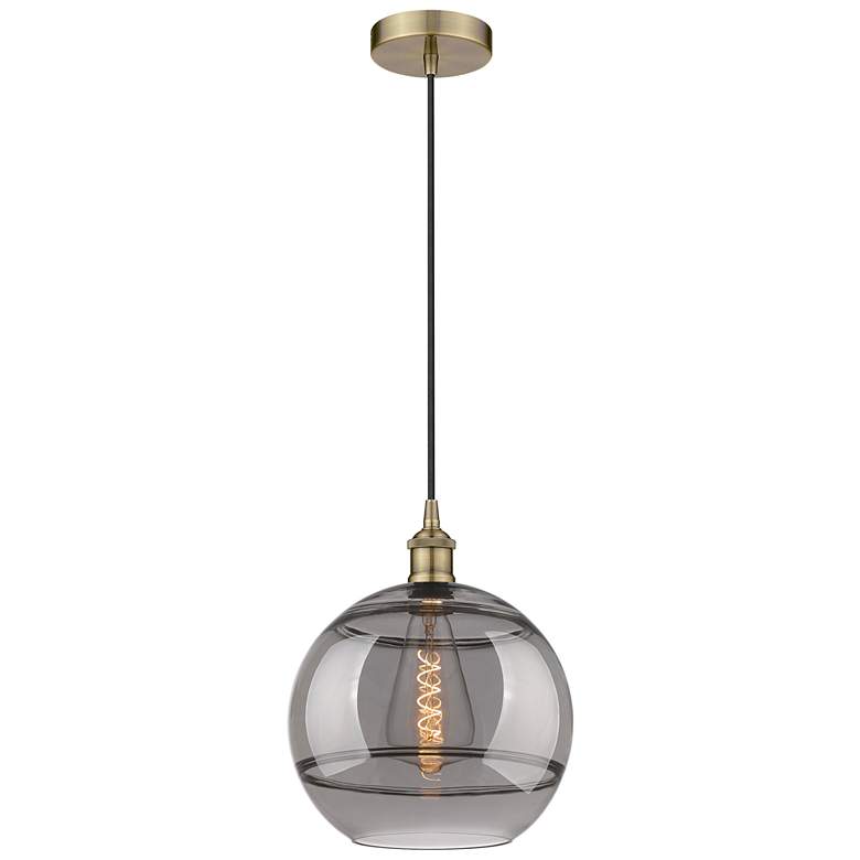 Image 1 Edison Rochester 12"W Antique Brass Corded Mini Pendant w/ Smoke Shade