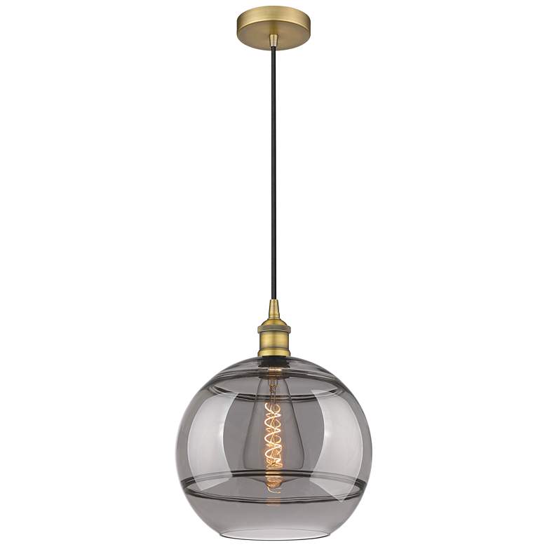 Image 1 Edison Rochester 12"W Brushed Brass Corded Mini Pendant w/ Smoke Shade