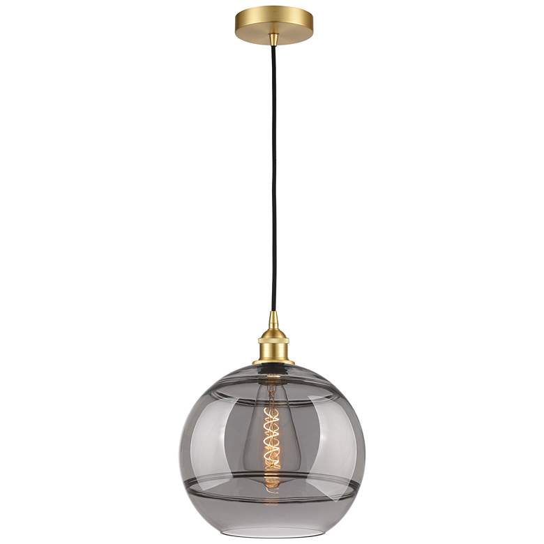 Image 1 Edison Rochester 12"W Satin Gold Corded Mini Pendant w/ Light Smoke Sh
